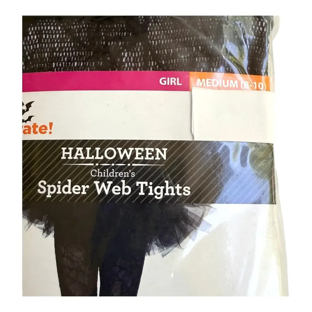 Halloween Spider Web Tights Girls 8/10 MED Black Lace Mesh Wicked Costume New